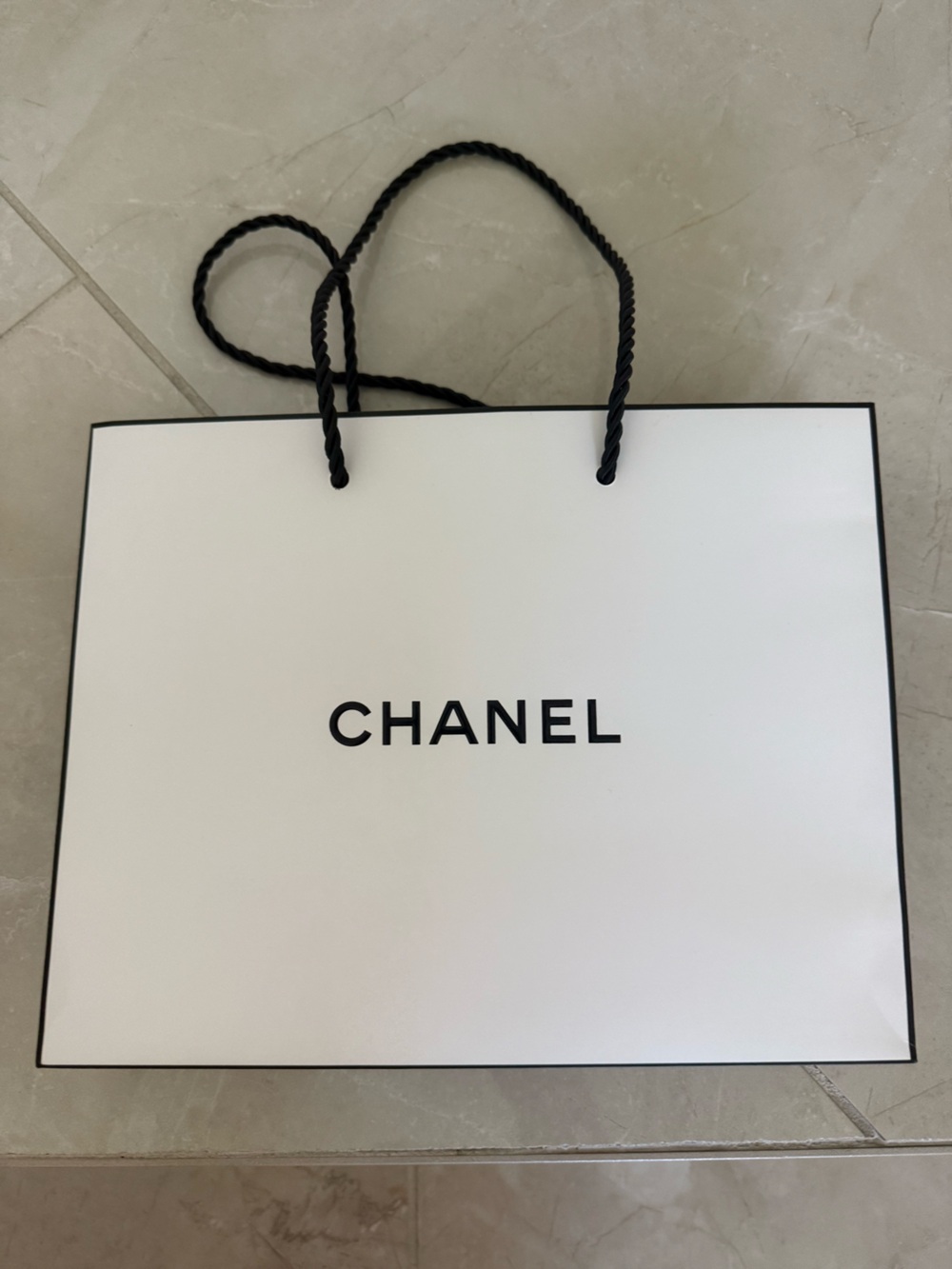 CHANEL White and Black Logo Rope Handle Gift Bag